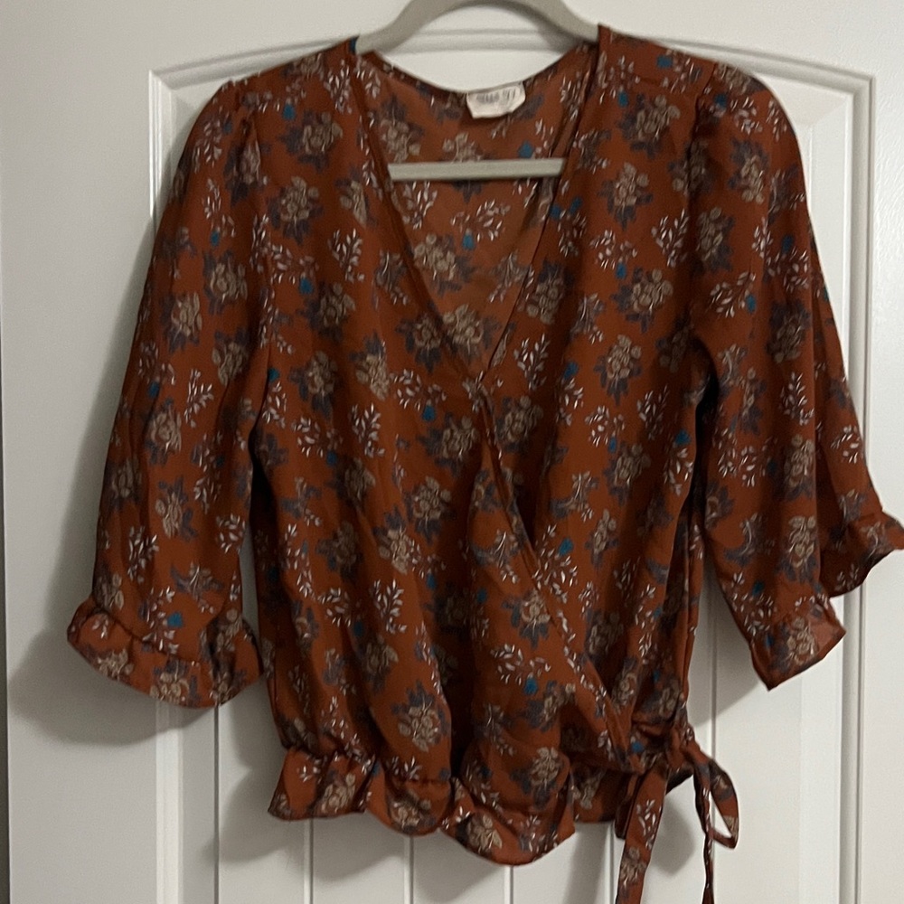 Sienna Sky Floral Wrap Blouse - Brown and Blue